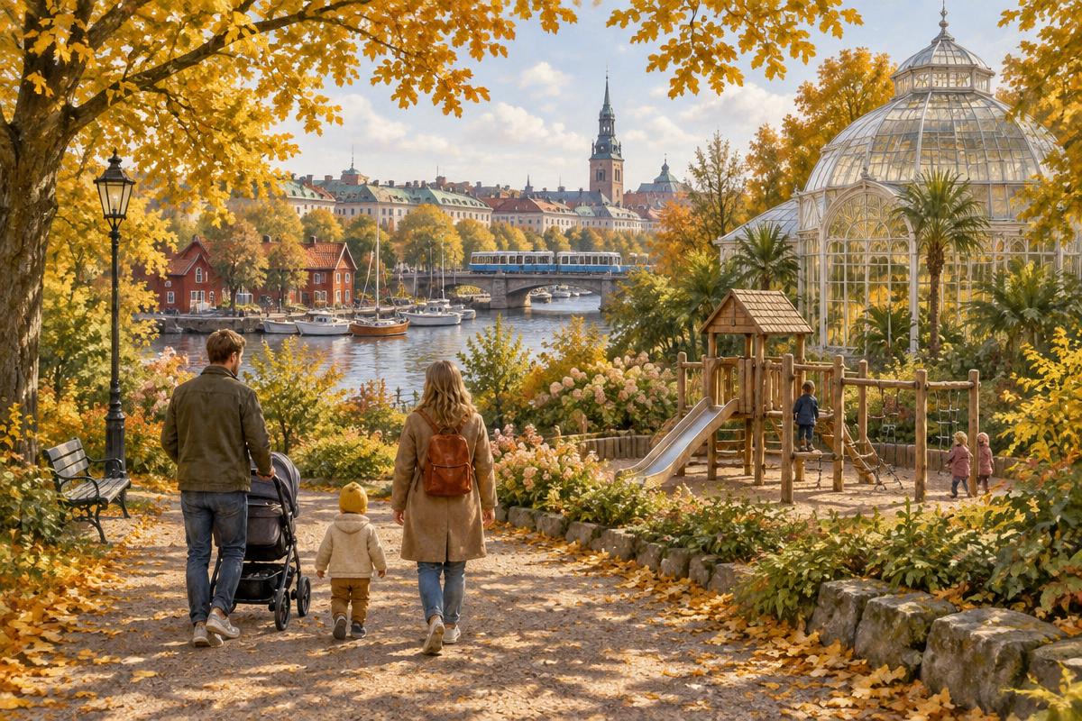 Illustration av en familj med barnvagn i en park, inte ett foto