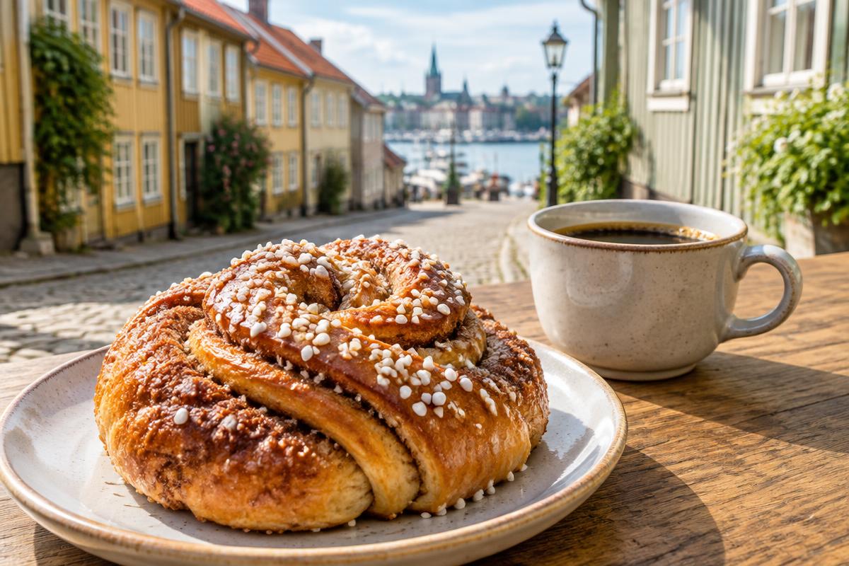 Illustration av kanelbulle och kaffe i en svensk trähusmiljö