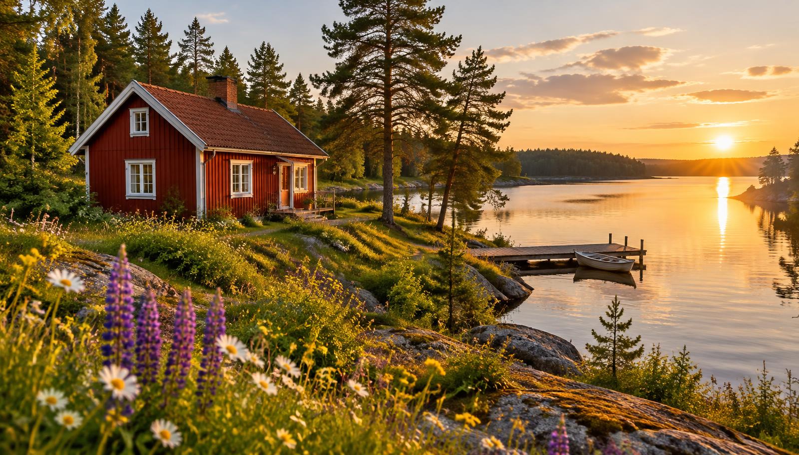 Röd trästuga vid en sjö i svenska skogen i solnedgång
