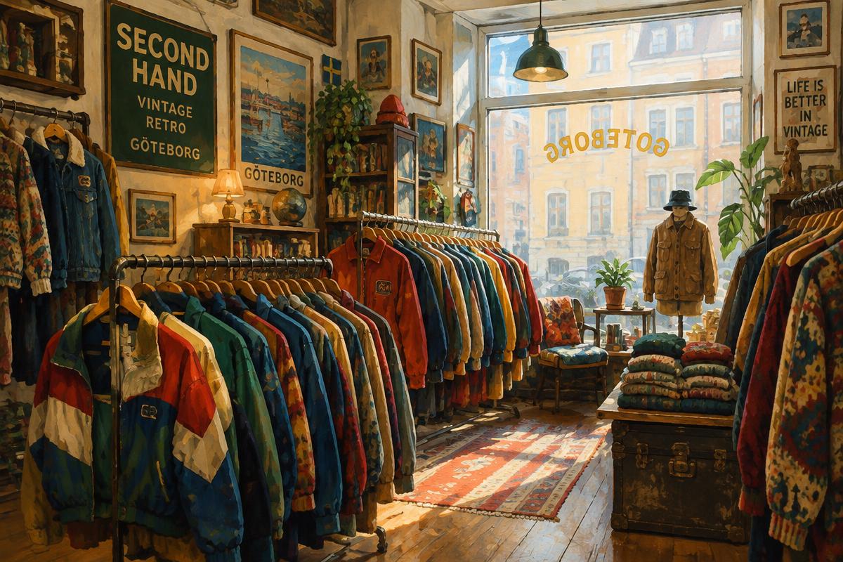 Illustration av en vintagebutik med klädställningar, inte ett foto