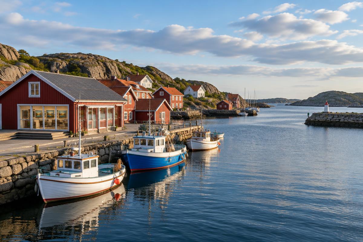 Illustration av Skärhamns hamn med fiskebåtar, röda sjöbodar och kal granit, inte ett foto