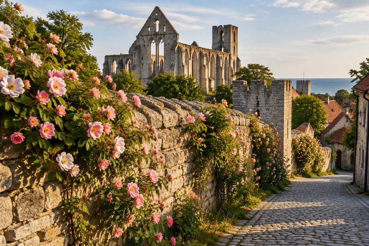Visby ringmur med vilda rosor och kyrkoruinen Sankta Karin i bakgrunden